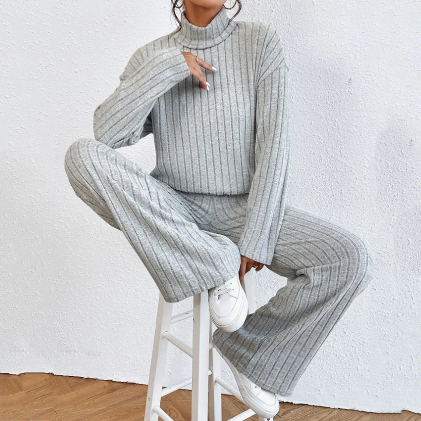 Turtleneck Sweater Tops With Pants 2 Piece Set Women Knitted Casual Warm Fashion Sweaters Soft Long Sleeve Pullover Streetwear