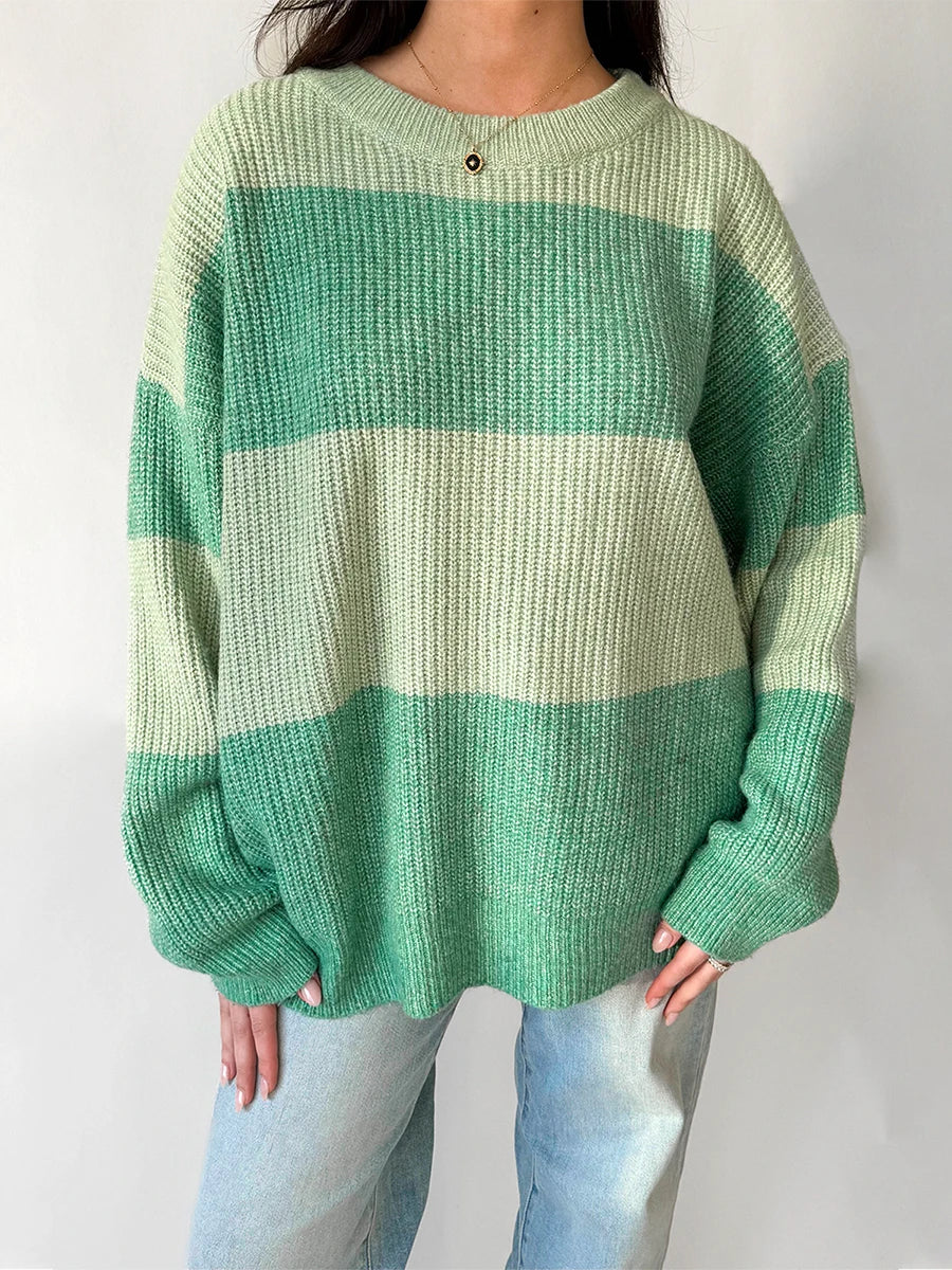 Stylish Women s Oversized Sweater with Ribbed Crew Neck and Color Block Design for Cozy Autumn Fashion Statement