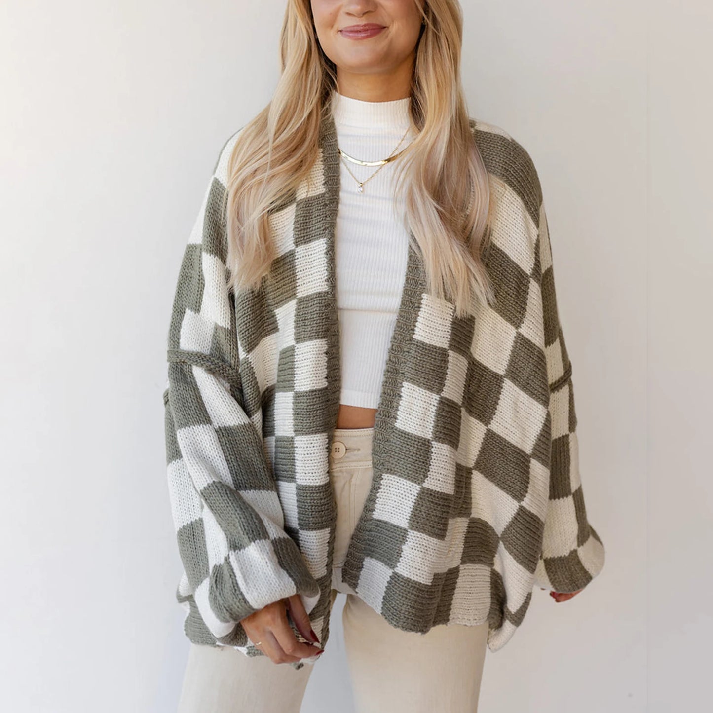 Women's y2k Aesthetic Fall Knit Cardigan Plaid Print Long Lantern Sleeve Open Front Loose Sweater Jacket