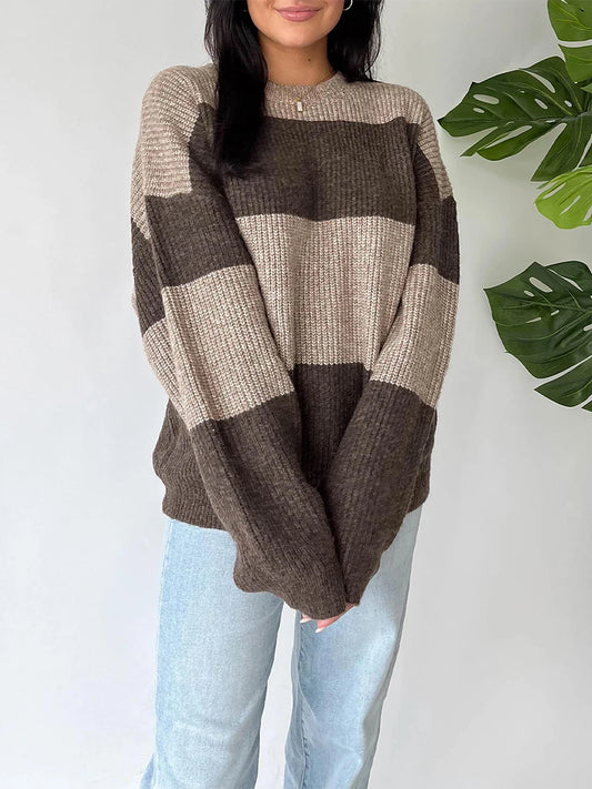 Stylish Women s Oversized Sweater with Ribbed Crew Neck and Color Block Design for Cozy Autumn Fashion Statement