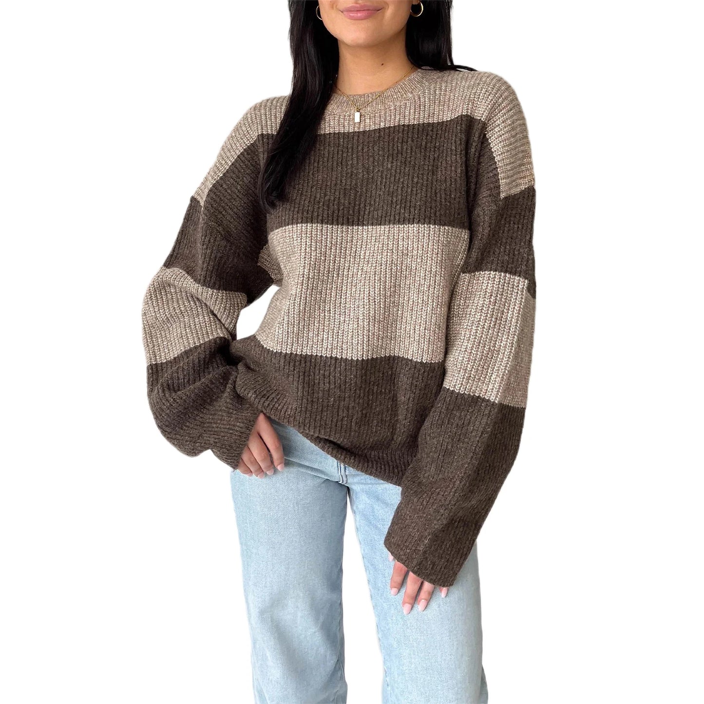 Stylish Women s Oversized Sweater with Ribbed Crew Neck and Color Block Design for Cozy Autumn Fashion Statement