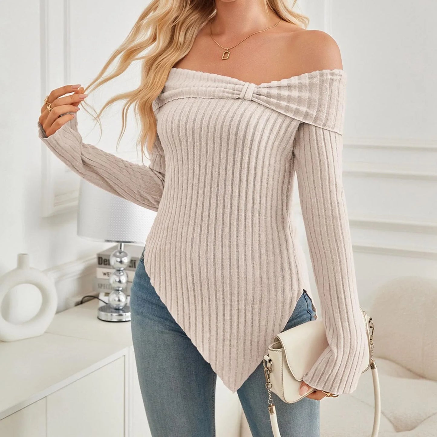 Womens Lightweight Sweaters Off The Shoulder 2024 Korea Autumn Winter Irregular Fashion European Designer Luxury Womens Clothes