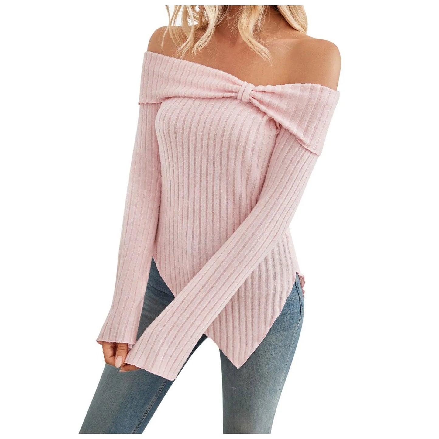 Womens Lightweight Sweaters Off The Shoulder 2024 Korea Autumn Winter Irregular Fashion European Designer Luxury Womens Clothes