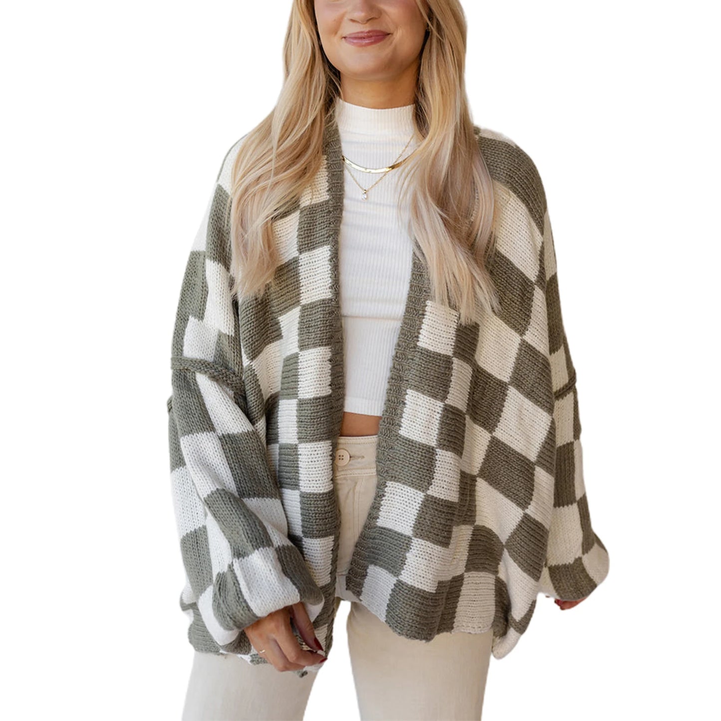 Women's y2k Aesthetic Fall Knit Cardigan Plaid Print Long Lantern Sleeve Open Front Loose Sweater Jacket