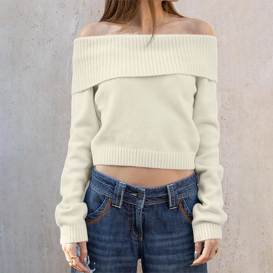 Elegant Off Shoulder Women Pullover Sweater Solid Color Sexy Knitted Cropped Tops Lady Fold Over Long Sleeve Chic Y2K Jumpers