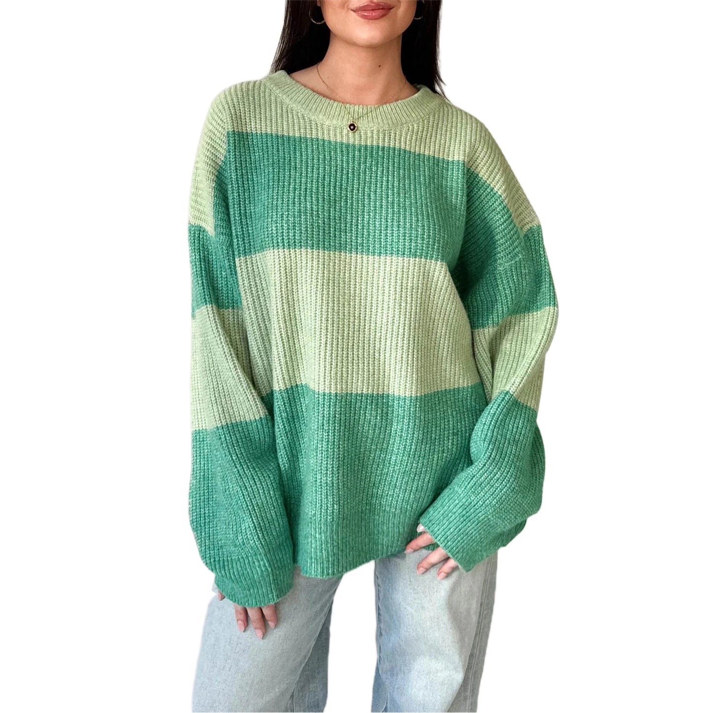 Stylish Women s Oversized Sweater with Ribbed Crew Neck and Color Block Design for Cozy Autumn Fashion Statement