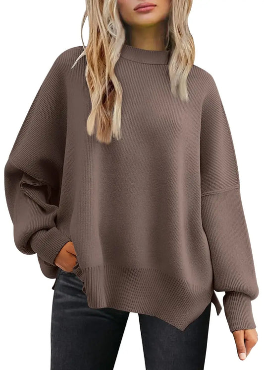 Women's Round Neck Bat Wings Long Sleeve Sweater 2024 Autumn Oversized Ribbed Knitted Side Slit Pullover Top