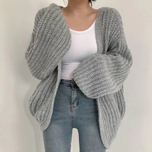 Vintage Women Cardigan Sweater Harajuku Lantern Sleeve Casual Korean Simple Fall Streetwear Tops Coat Chic Lazy Wind Sweater